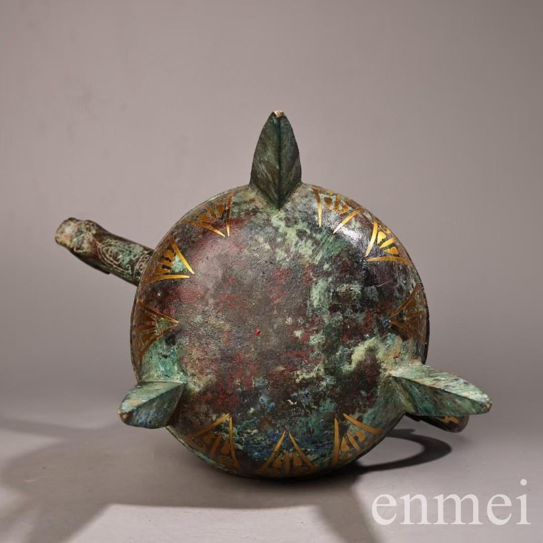 中国古美術・旧蔵搓金装飾付き銘文入り青銅酒壺・青銅・純手作り・高浮彫・置物・酒器