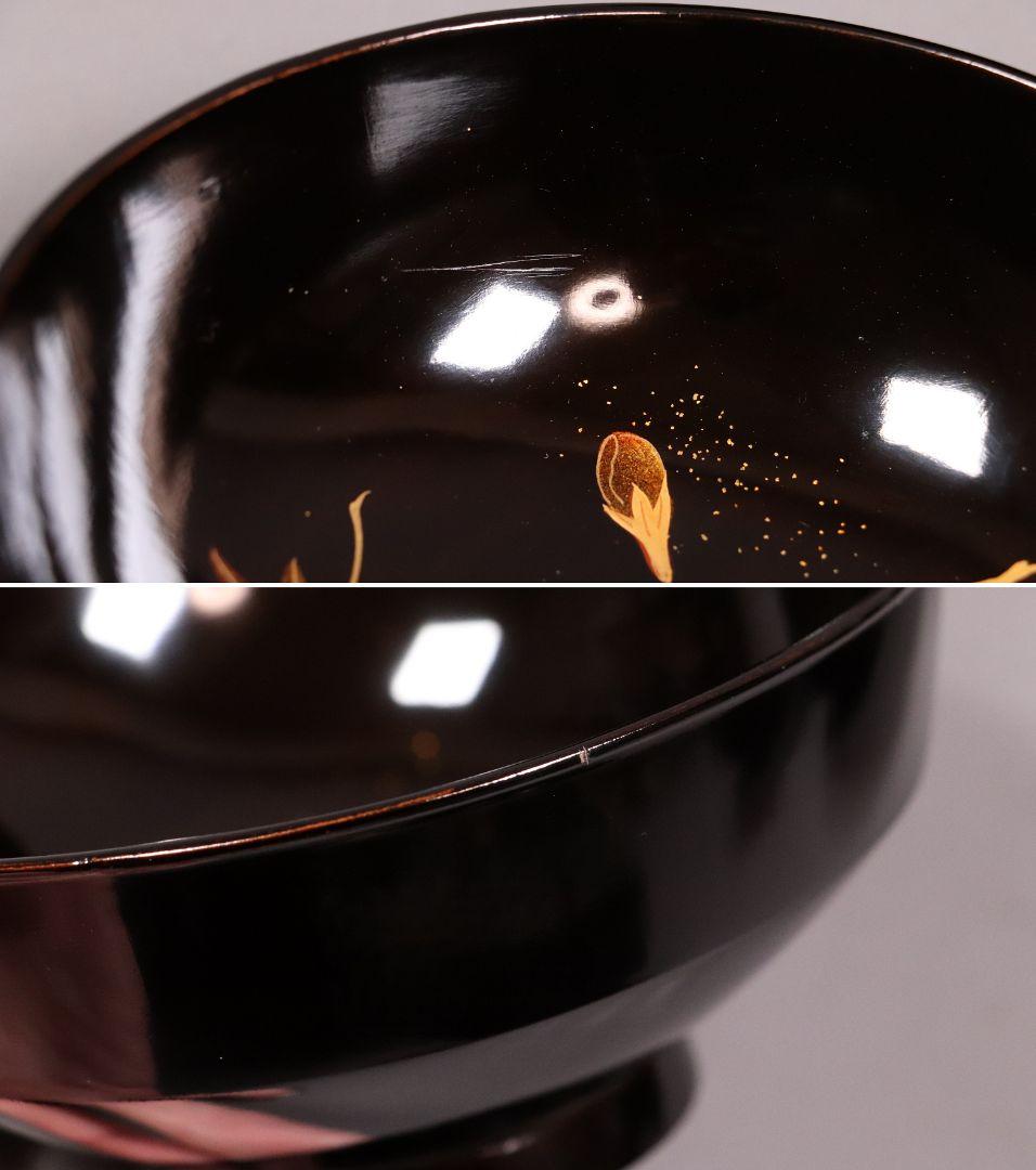 時代木製漆器 桜紅葉 黒蒔絵椀 五客 金蒔絵 梨地 漆芸【CL61】