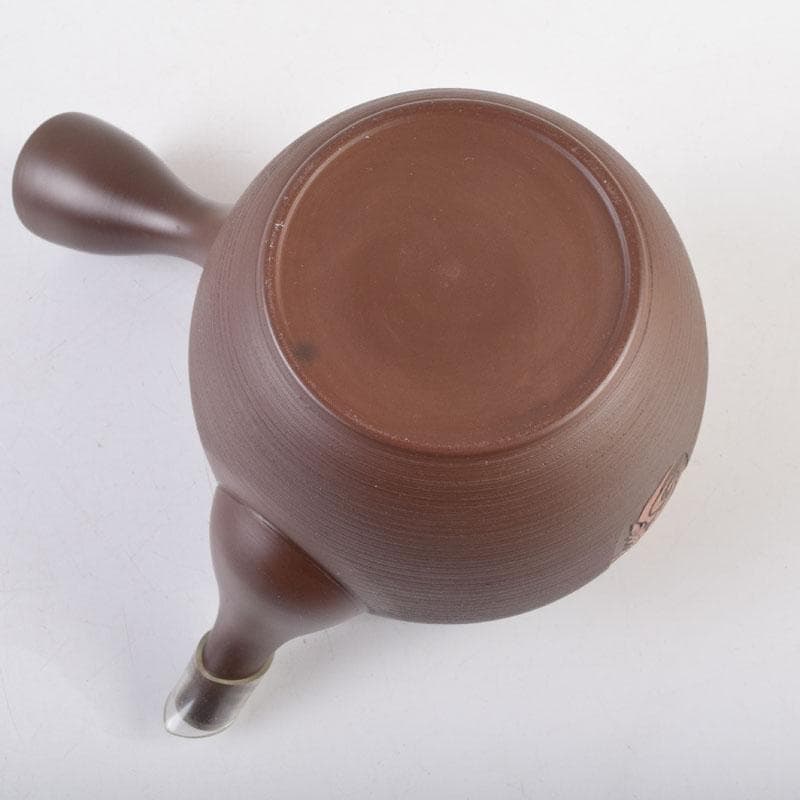 煎茶道具　常滑焼　光松作　朱泥　花草刻　横手急須　V　8655