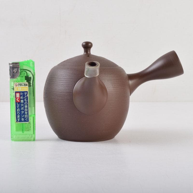 煎茶道具　常滑焼　光松作　朱泥　花草刻　横手急須　V　8655