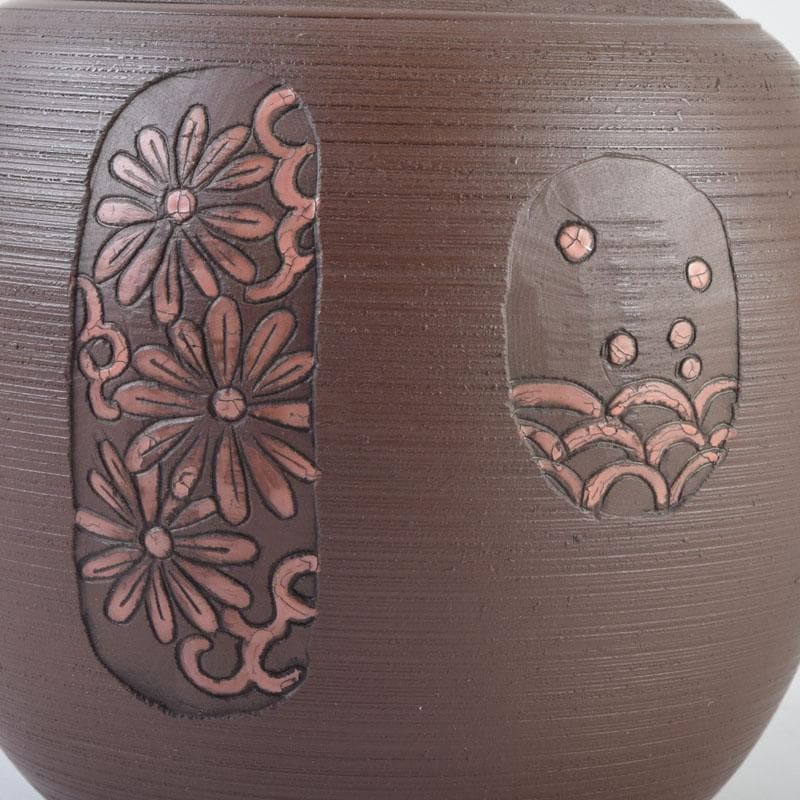 煎茶道具　常滑焼　光松作　朱泥　花草刻　横手急須　V　8655