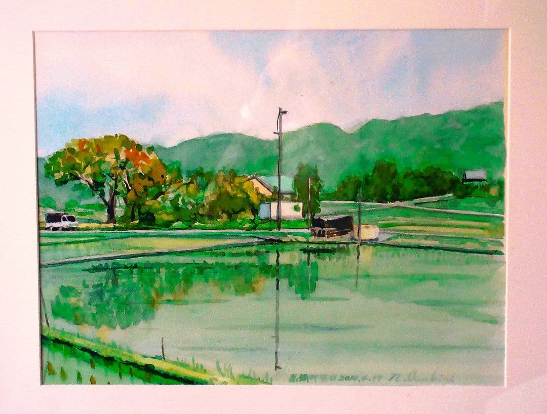 田園風景 水彩画 フレーム付き 原画 F6サイズ