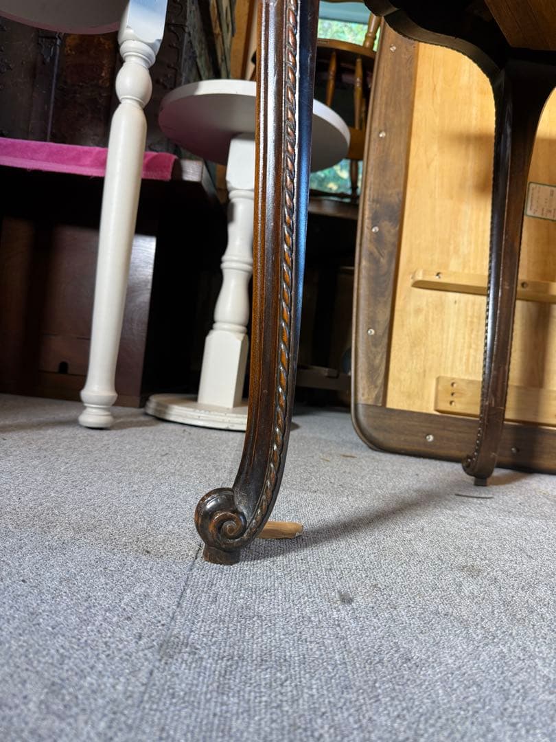 アンティーク 彫刻サロンテーブル 補強安定仕様 ロココ猫脚 直径90cm レトロ