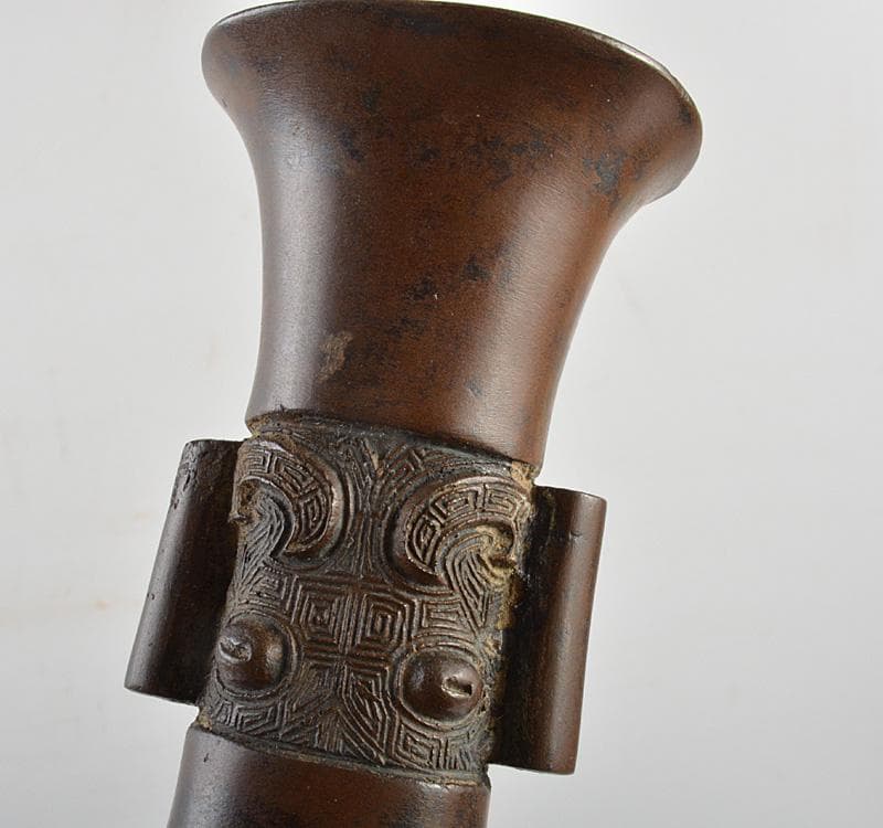 亀文堂造　古銅　饕餮文　双耳花生　共箱　M　R4781