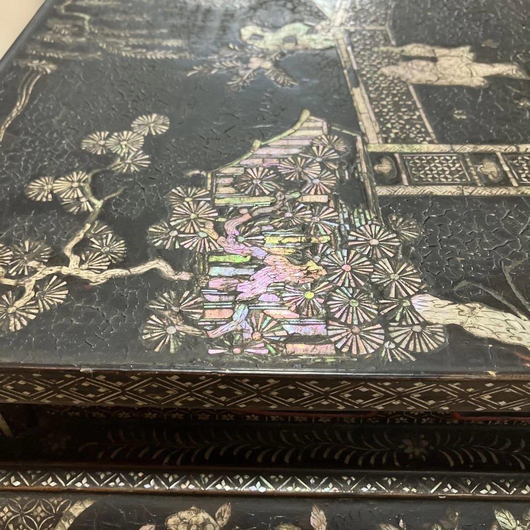 螺鈿細工　平卓　香炉台　花台　飾り台　木製　中国古玩　唐物　人物　骨董品