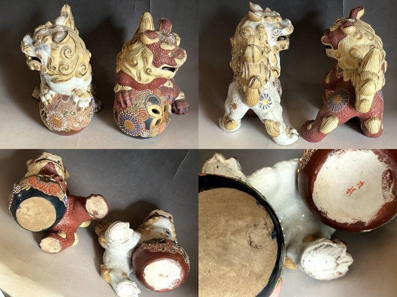 置物■玉乗り獅子 古い九谷焼き 紅白二体 一対 オブジェ 時代物 骨董品■