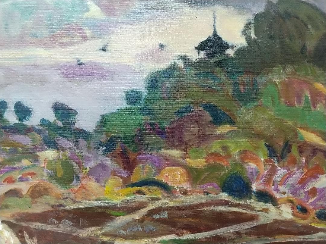 油絵「里」さと 1975 F8 油彩画 絵画 風景画 アート