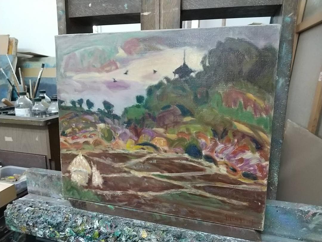 油絵「里」さと 1975 F8 油彩画 絵画 風景画 アート