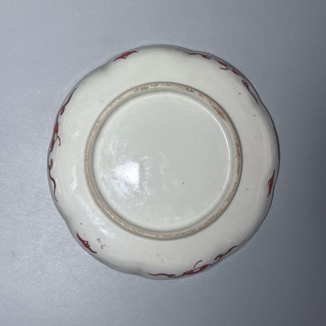 古伊万里　錦手　色絵鷺扇子文様輪花形皿　8枚　1700年代後期　15.5cm