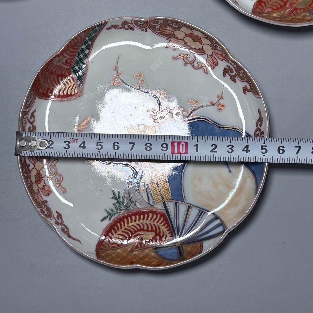 古伊万里　錦手　色絵鷺扇子文様輪花形皿　8枚　1700年代後期　15.5cm