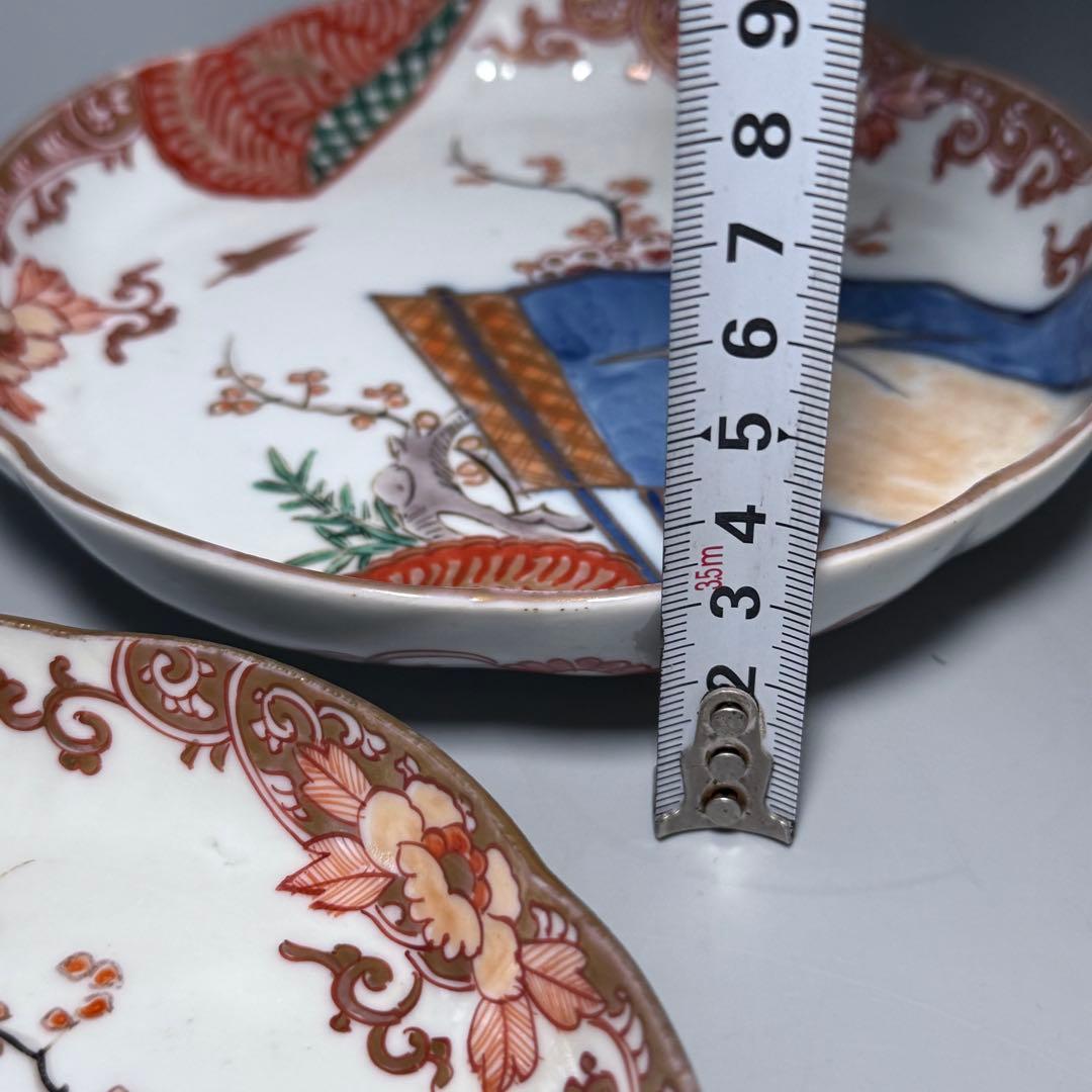 古伊万里　錦手　色絵鷺扇子文様輪花形皿　8枚　1700年代後期　15.5cm