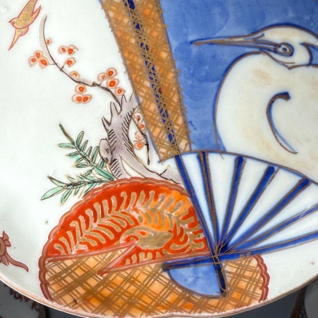 古伊万里　錦手　色絵鷺扇子文様輪花形皿　8枚　1700年代後期　15.5cm