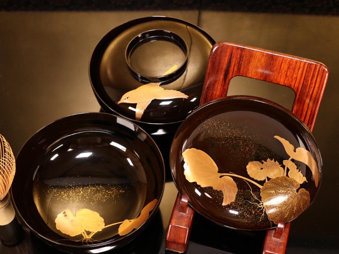 アリサ　BK413　時代輪島塗　蓮図金蒔絵　吸物椀　二客　木製　茶道具