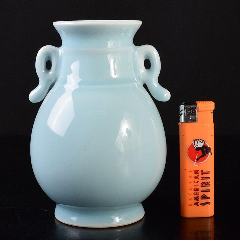 中国　大清乾隆年製　汝窯　天青釉　雙耳瓶　C　7888E