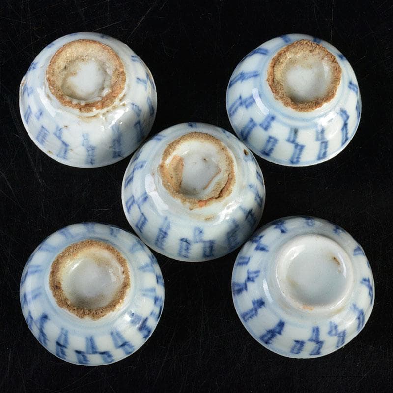 煎茶道具　南京染付　線文　茶杯　ぐい呑　五客　時代箱付　古玩　M R4512