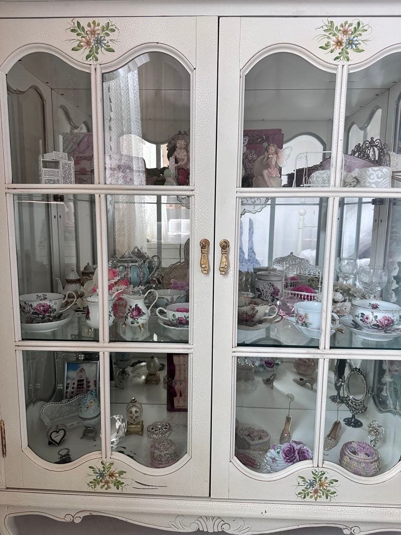 フローラ花柄ガラスキャビネット/ロココ調/お姫様白家具/クラック塗装