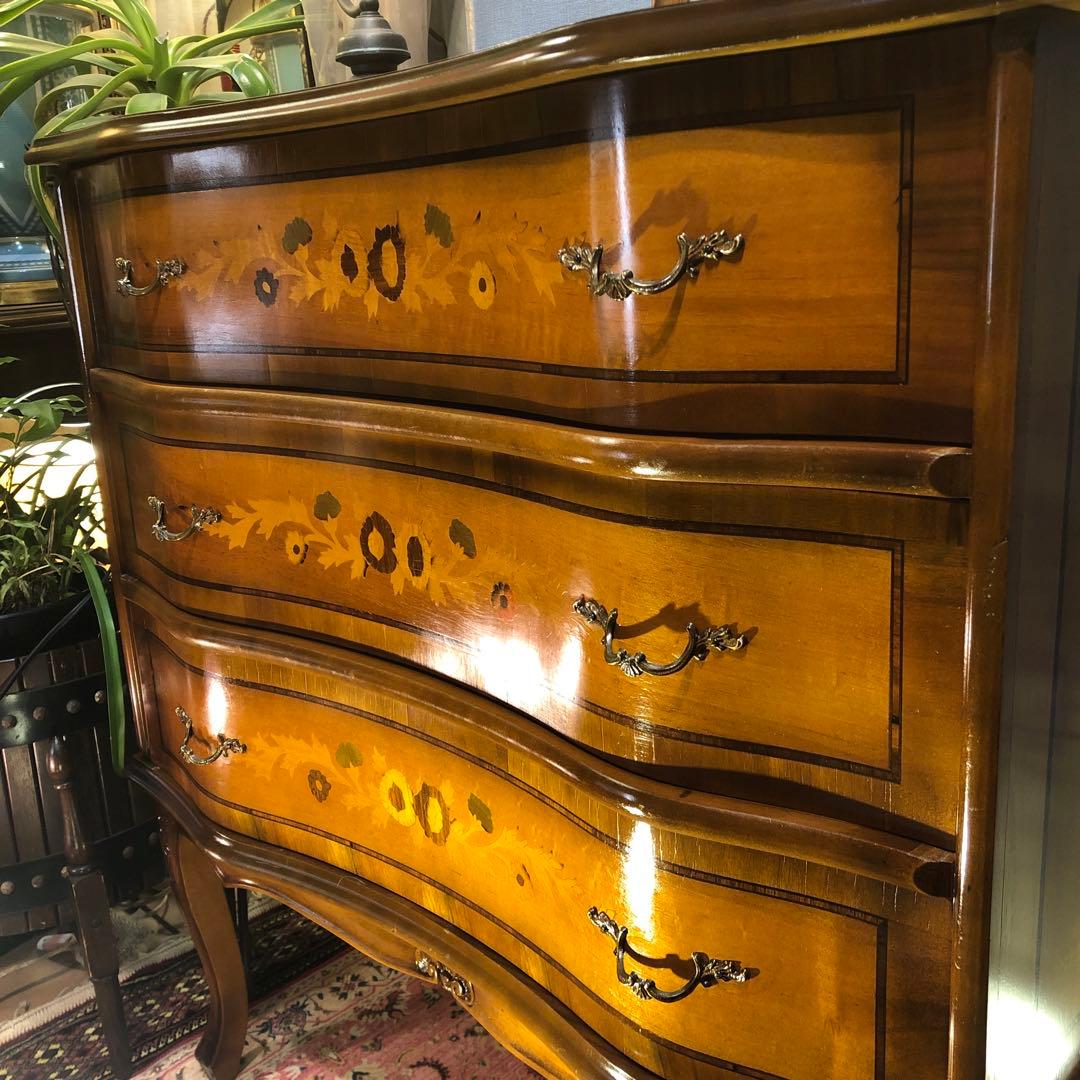 最終価格　イタリアン アンティークPT 象嵌　猫脚　３段DRキャビネット