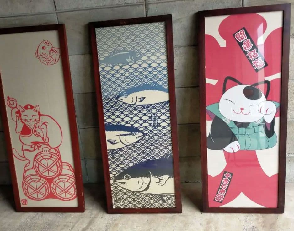 昭和レトロ　招き猫 猫と魚のデザインのアートパネル 3点セット