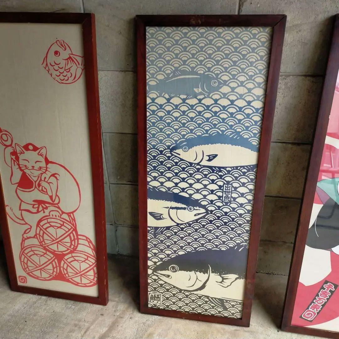 昭和レトロ　招き猫 猫と魚のデザインのアートパネル 3点セット