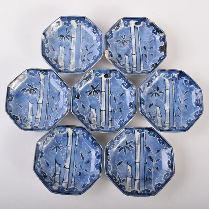 伊万里焼　古伊万里　染付　竹文　八角小皿　七客　時代箱付　C　R7593