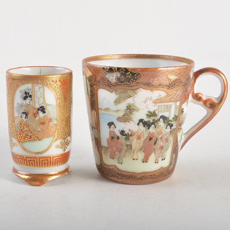 九谷焼　色絵金彩　加賀国　デミカップ　谷口製　酒杯　2点　合せ箱　V　R7000