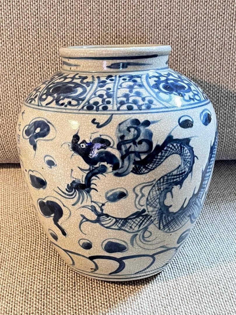 中国古玩 青花磁 元染 染付 雲龍紋 壺 花瓶 高約21cm 唐物 時代物 置物