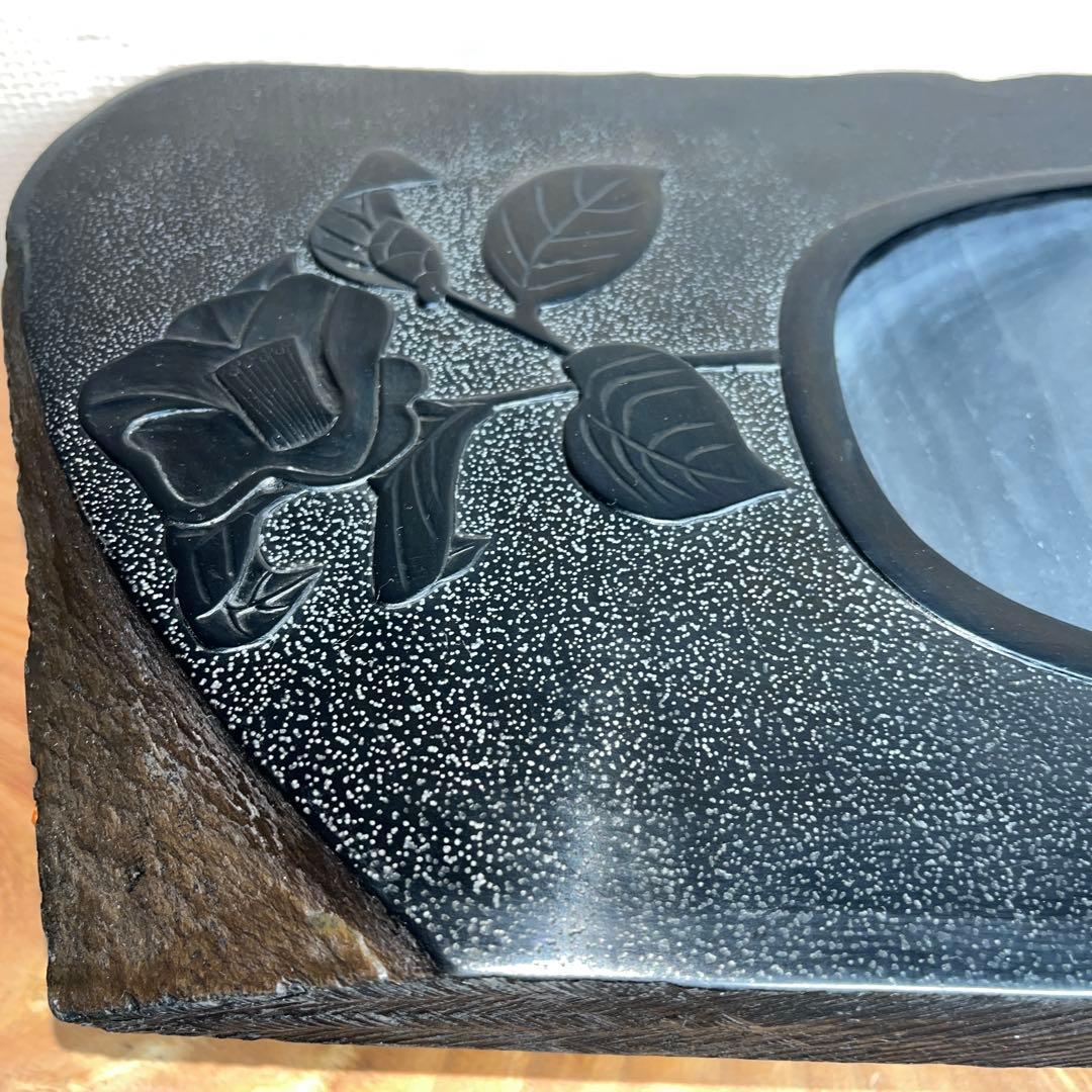 ⭕️雄勝硯　希少　超大型天然硯　伝統工芸士　杉山唐龍斎　椿花葉彫刻　35cm超