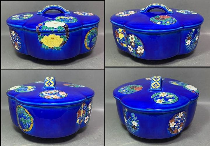 真葛　ルリ交趾　花丸　木瓜形食竜　宮川香斎　而妙斎御書付　茶道具