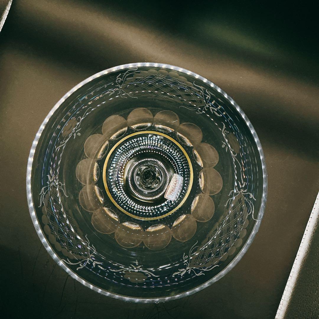 イタリア製　クリスタル　ガラス　アンティーク　脚付　24金　切子　ブルー