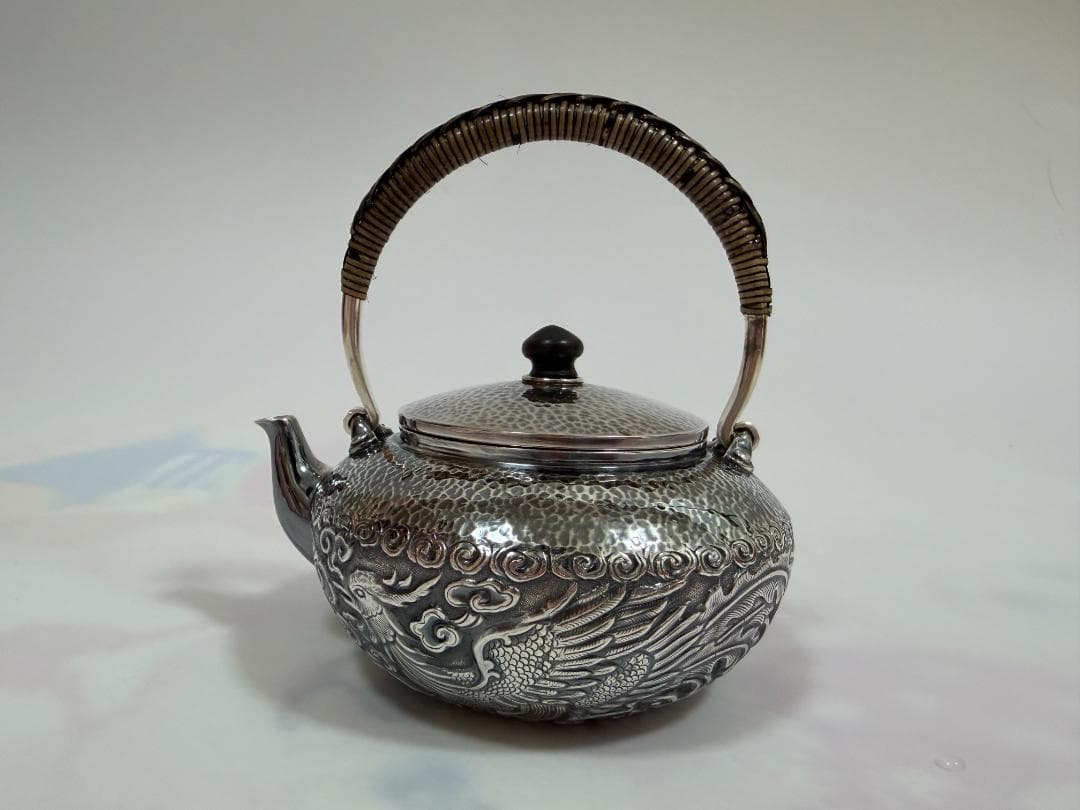 純銀製 龍鳳文 鎚目紋 湯沸 銀瓶 煎茶道具