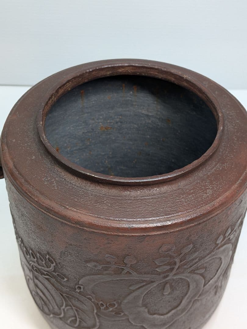 P973 釜師 平松宗信 東陽坊釜 桐地紋 茶道具 共箱 釜鐶 象嵌 筒釜