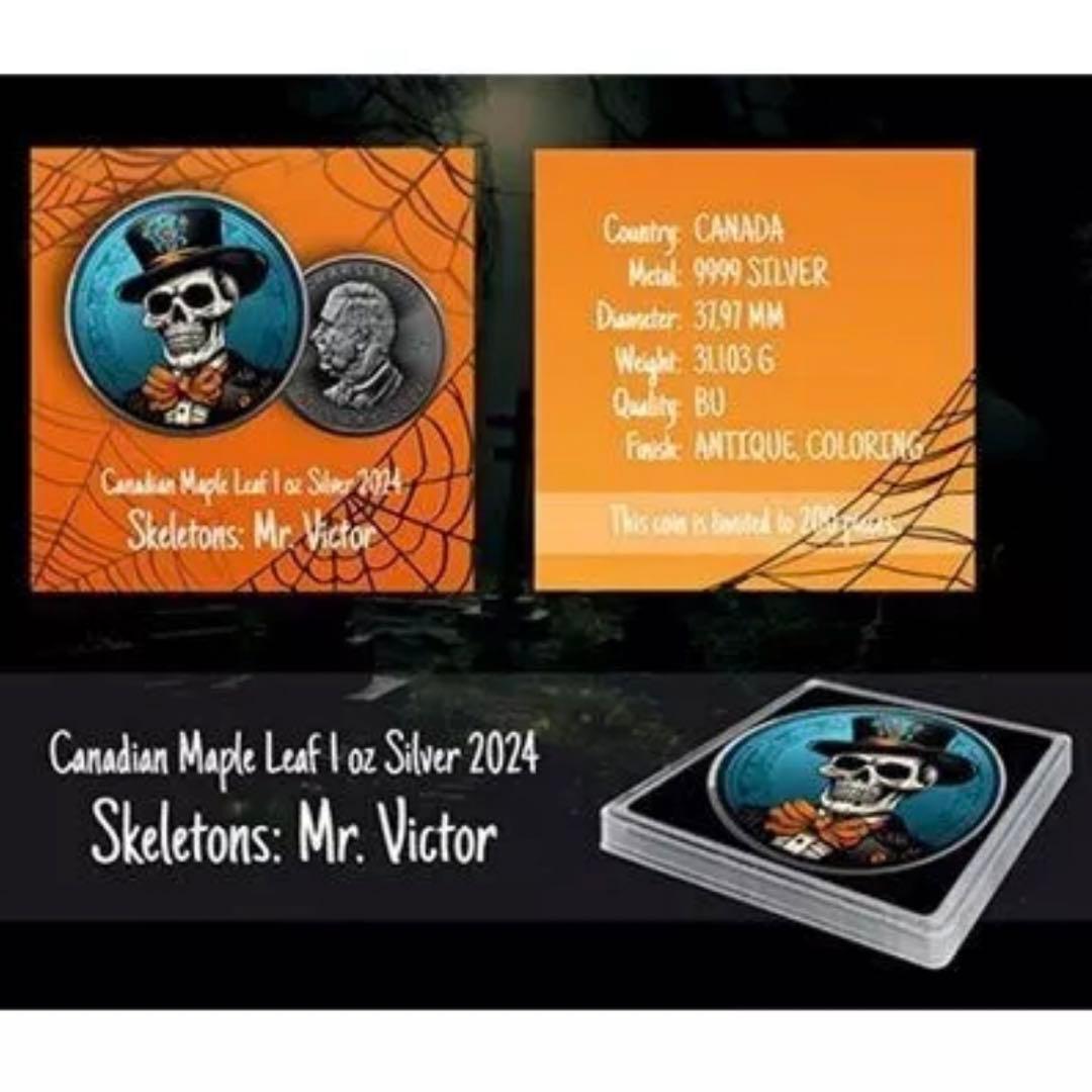 世界200枚 メイプルリーフ 銀貨 カラー アンティーク仕上げ 男性スケルトン
