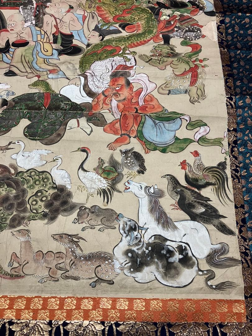 掛軸 超大幅 古仏画 『釈迦涅槃図』 紙本 肉筆 彩色 箱無 仏画 仏教美術