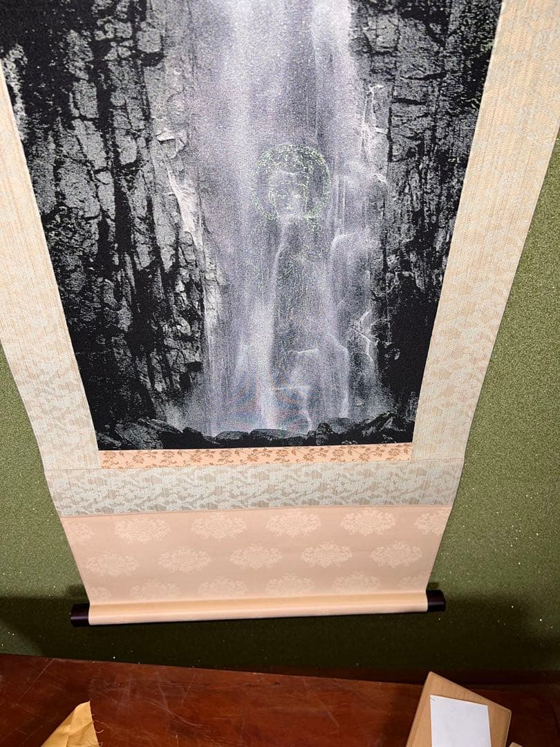 130 西陣織 那智山 青岸渡寺織絵「那智の滝 観音出現図」太巻付 共箱