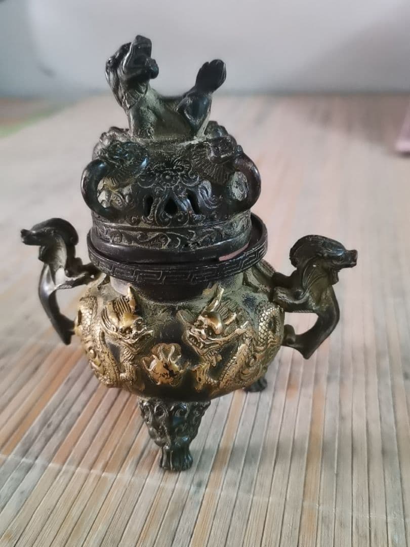 銅 細工 二龍戯珠薫香炉 香道具 仏具 工芸品 美術品 置物