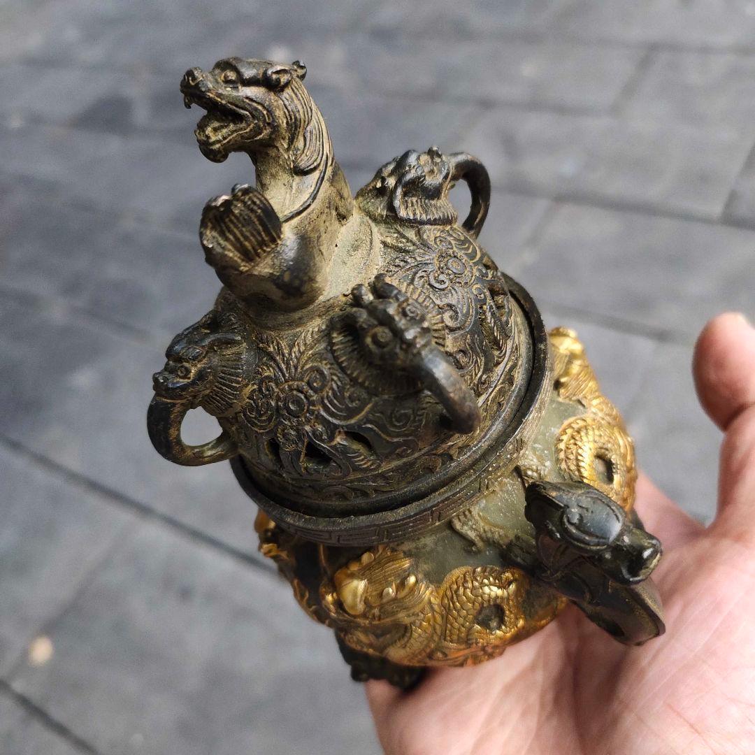 銅 細工 二龍戯珠薫香炉 香道具 仏具 工芸品 美術品 置物