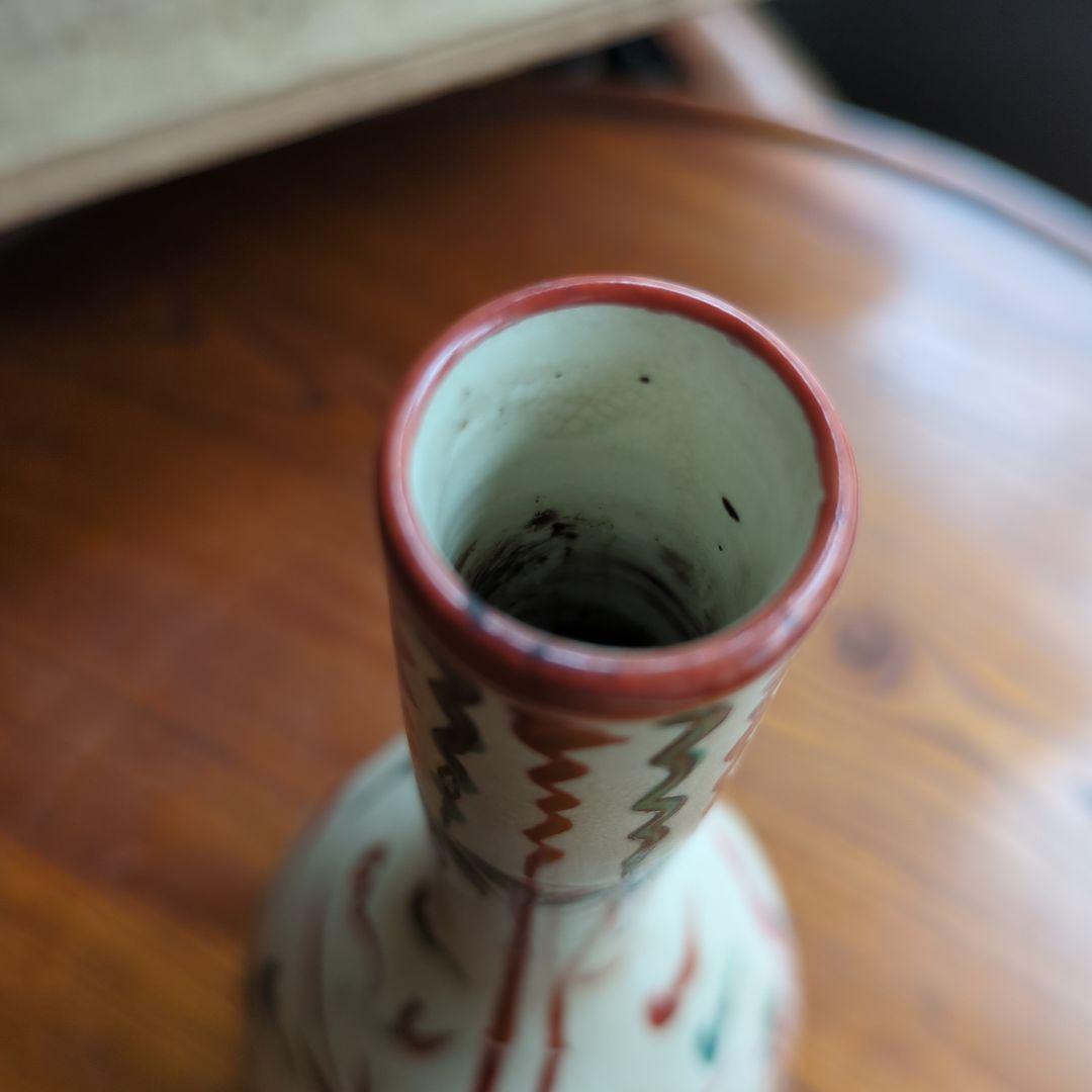 骨董 木米造 花瓶 鶴首 赤絵 花入 茶道具 茶道 陶器 木箱