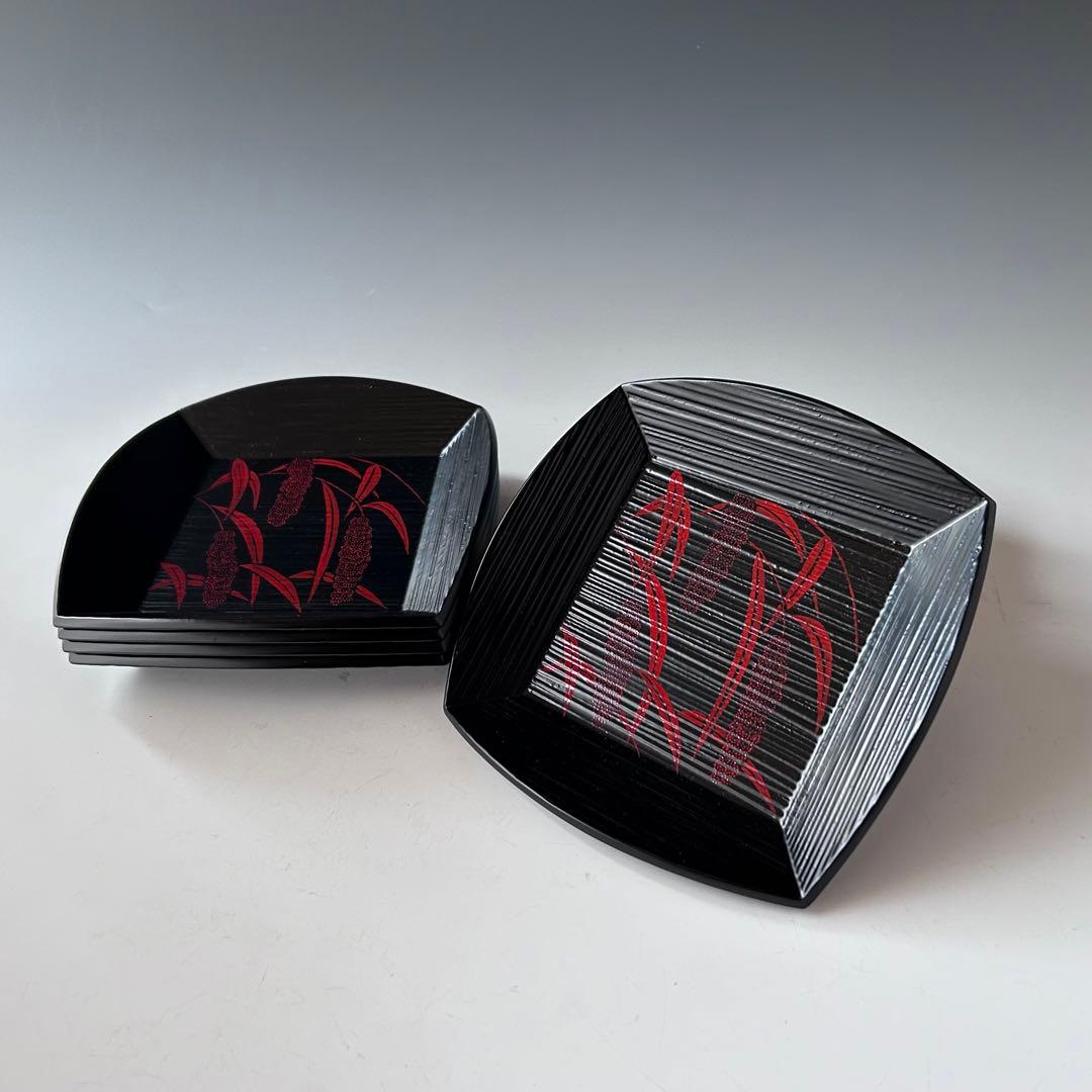 茶道具　銘々皿　五客組　粟絵　一閑　ヘギメ　服部峻昇　共箱　漆器　菓子器　工芸