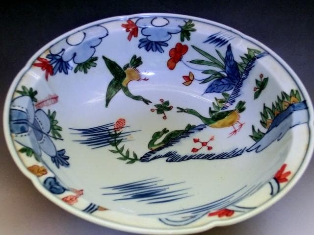 鉢■色絵染付「弥左衛門」花唐草 鳥 花弁型 丸鉢 平鉢 菓子器 時代物 骨董品■