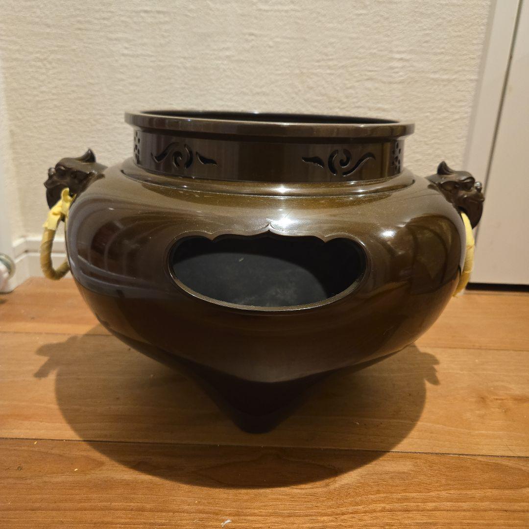 【新品・未使用】　釜師高橋敬典、風炉師秀峰作　唐銅鬼面風炉　平丸釜添　桐箱入