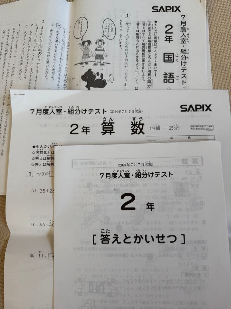 SAPIX小学２年生　算数 国語　年間フルセット 年間テスト付き
