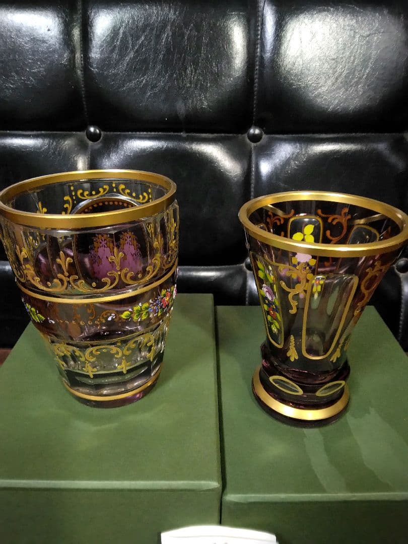 未使用　ドイツ製　ゴブレット　ペア　ハンドエナメル　ルビーレッド 　クリスタル