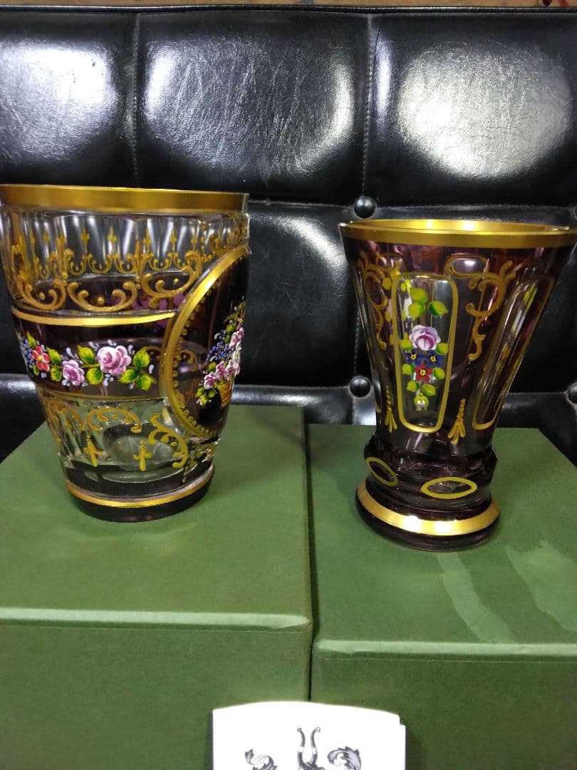 未使用　ドイツ製　ゴブレット　ペア　ハンドエナメル　ルビーレッド 　クリスタル