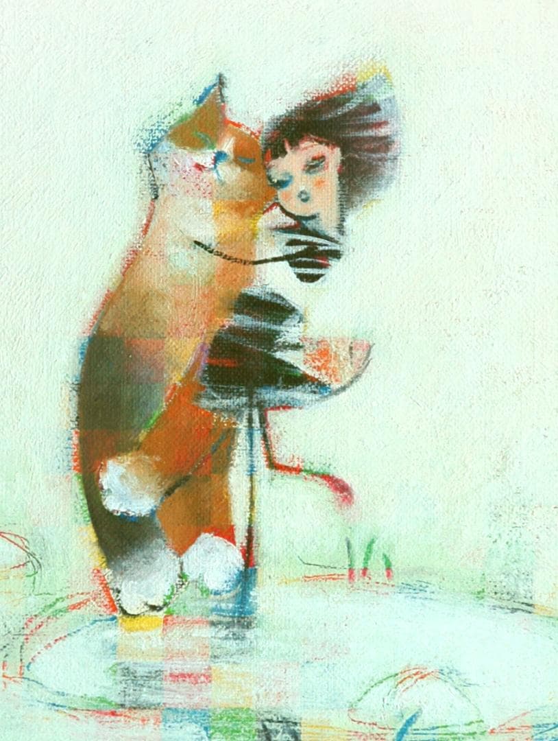 油絵 菅家令子 絵 絵画インテリア 額付(黒) F4-072719 子猫と女の子