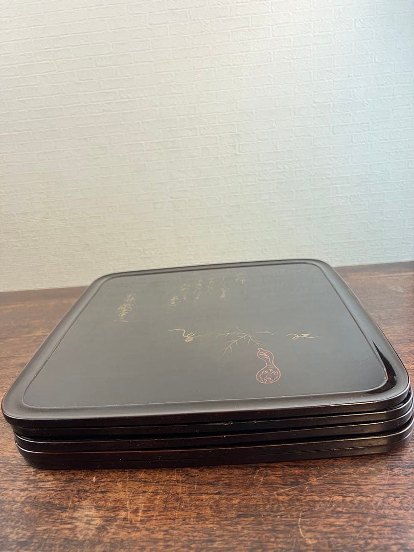 黑漆盆5枚セット 木箱付き　漆器　茶道具　古美術　骨董　工芸品