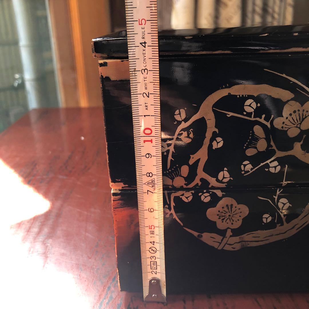 伝統的な木製黒塗 金松竹梅柄 二段重箱 漆器 伝統工芸 昭和初期 朱塗