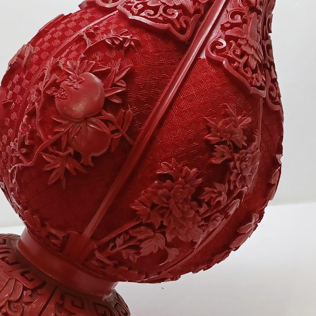 Y2551 中国 堆朱 6面花図 花瓶 高さ31.5㎝