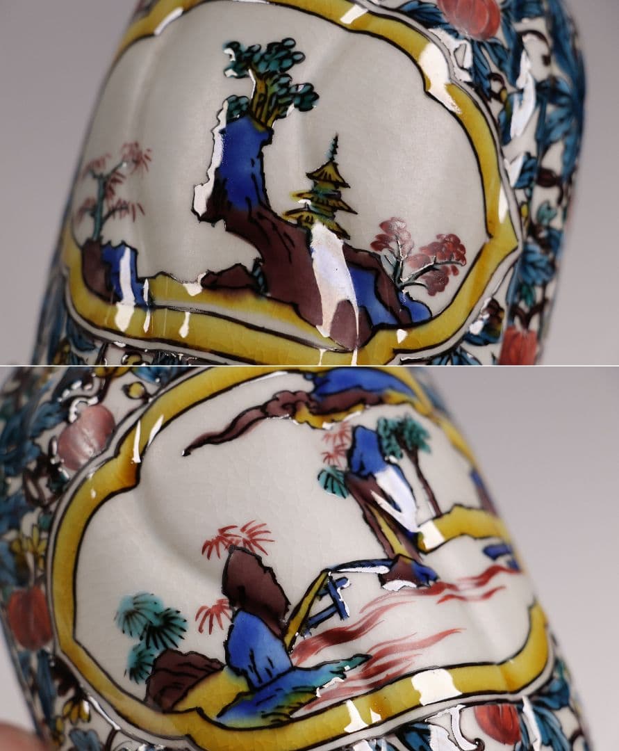 M681/ 初代 徳田八十吉 九谷焼 山水 徳利一対 共箱共布 二代徳利付 酒器