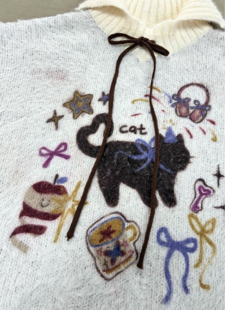 猫と星の刺繍入りペットセーター