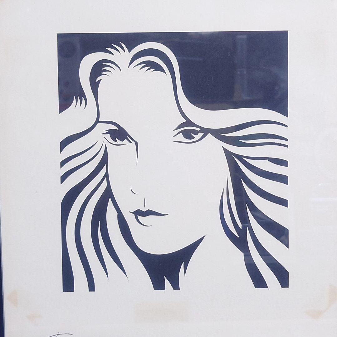女性の顔の線画アート 1980年サイン入り